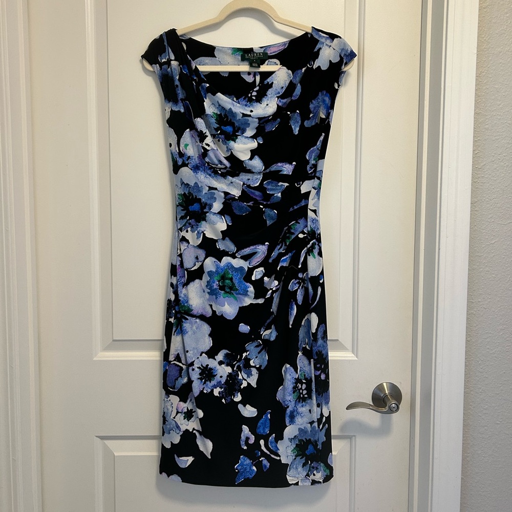 Ralph Lauren Black Floral Midi Dress with Blue Accents- Wedding Guest